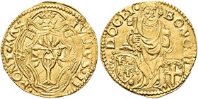 BOLOGNA
Giulio II (Giuliano della Rovere), 1503-1513.
Ducato papale.
Au gr. 3,46
Dr. IVLIVS II - PONT MAX. Stemma in quadribolo sormontato da trir...