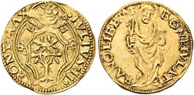 BOLOGNA
Giulio II (Giuliano della Rovere), 1503-1513.
Ducato TIRANO LIBERAT.
Au gr. 3,49
Dr. IVLIVS II - PONT MAX. Stemma decagono in quadribolo c...