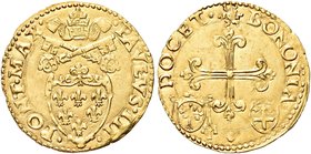 BOLOGNA
Paolo III (Alessandro Farnese), 1534-1549.
Scudo.
Au gr. 3,35
Dr. PAVLVS IIII - PONT MAX. Stemma in quadribolo sormontato da triregno e ch...