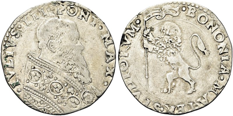 BOLOGNA
Giulio III (Giovanni Maria Ciocchi), 1550-1555.
Bianco.
Ag gr. 4,54
...