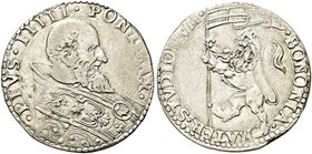 BOLOGNA
Pio V (Antonio Michele Ghislieri), 1566-1572.
Bianco.
Ag gr. 4,80
Dr. PIVS IIIII PONT MAX. Busto a d. con piviale ornato.
Rv. BONONIA MAT...