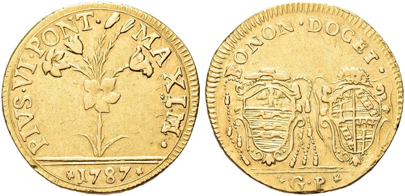 BOLOGNA
Pio VI (Giannangelo Braschi), 1775-1799.
Doppia 1787.
Au gr. 5,43
Dr...