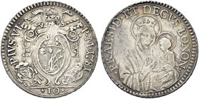 BOLOGNA
Pio VI (Giannangelo Braschi), 1775-1799.
Paolo o Mezza Lira da 10 Bolognini 1781.
Ag gr. 2,55
Dr. PIVS VI - P M. Stemma ovale in cornice....