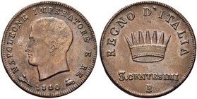 BOLOGNA
Napoleone I Re d’Italia, 1805-1814.
3 Centesimi 1810 (1 della data su 0).
Æ
Dr. Testa s.
Rv. Corona ferrea radiata.
Pag. 81; Gig. 224a....