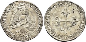 CARMAGNOLA
Michele Antonio di Saluzzo, 1504-1528.
Rolabasso.
Ag gr. 2,73
Dr. MICHAEL ANT MARCHIO SALVTIARVM. Aquila coronata con scudo a s.
Rv. X...