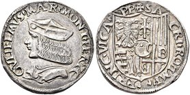 CASALE
Guglielmo II Paleologo, 1494-1518.
Testone.
Ag gr. 9,46
Dr. GVLIELMVS MAR MONT FER 7 C'. Busto con berretto a s.
Rv. PRINC VICA - PP SAC -...