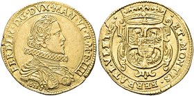 CASALE
Ferdinando Gonzaga, 1612-1626.
Da due Doppie 1621.
Au gr. 12,87
Dr. FERDIN D G DVX MAN VI ET M F IIII. Busto corazzato a d., con colletto a...