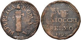 FERMO
Prima Repubblica Romana, 1798-1799.
Due Baiocchi 1798 fascio largo.
Æ gr. 14,25
Dr. REPVBBLICA - ROMANA. Fascio con scure.
Rv. DVE / BAIOCC...