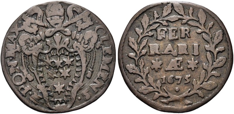 FERRARA
Clemente X (Emilio Altieri), 1670-1676.
Mezzo Bolognino 1675.
Æ gr. 5...