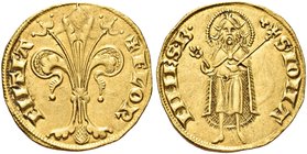 FIRENZE
Repubblica, 1189-1532.
Fiorino stretto III Serie, 1252-1303 con piccoli simboli.
Au gr. 3,52
Dr. FLOR - ENTIA. Giglio. 
Rv. (Tre globetti...