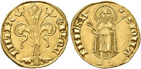 FIRENZE
Repubblica, 1189-1532.
Fiorino stretto III Serie, 1252-1303 con piccoli simboli.
Au gr. 3,55
Dr. FLOR - ENTIA. Giglio. 
Rv. (Tre globetti...