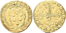 FIRENZE
Cosimo I de’ Medici, Duca di Firenze, 1537-1574, Granduca di Toscana dal 1569 al 1574.
Scudo d'oro III serie.
Au gr. 3,25
Dr. COSMVS M R P...