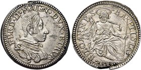 FIRENZE
Ferdinando II de’ Medici, 1621-1670.
Testone 1636.
Ag gr. 9,12
Dr. FERD II MAGN DVX ETRVR. Busto adulto drappeggiato e corazzato a d.
Rv....