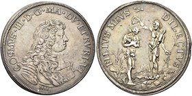 FIRENZE
Cosimo III de’Medici, Granduca di Toscana, 1670-1723.
Piastra 1676 (caratteri piccoli).
Ag gr. 30,99
Dr. COSMVS III D G MAG DVX ETRVRIAE V...