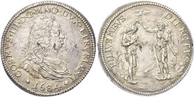FIRENZE
Cosimo III de’Medici, Granduca di Toscana, 1670-1723.
Piastra 1684.
Ag gr. 31,07
Dr. COSMVS III D G MAG DVX ETRVRIAE VI. Busto drappeggiat...