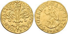 FIRENZE
Gian Gastone de’Medici, 1723-1737.
Zecchino o Fiorino 1728.
Au gr. 3,16
Dr. IOAN GASTO I - D G M DVX ETR. Giglio di Firenze con due fiori....