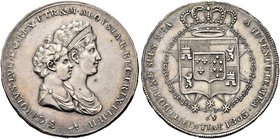 FIRENZE
Carlo Ludovico di Borbone, con la reggenza di Maria Luisa, 1803-1807.
Mezzo Dena 1803.
Ag
Dr. Busti affiancati a d.
Rv. Stemma coronato, ...