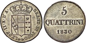 FIRENZE
Leopoldo II d'Asburgo Lorena, 1824-1859.
5 Quattrini 1830.
Mi gr. 3,68
Dr. Stemma coronato.
Rv. Valore e data in tre righe.
CNI 33; Gale...