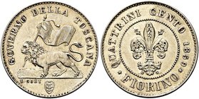FIRENZE
Governo Provvisorio di Toscana, 1859-1860.
Fiorino 1859.
Ag gr. 6,86
Dr. Leone gradiente verso s. col vessillo nazionale nella zampa d. an...