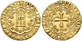 GENOVA
Simon Boccanegra, Doge IV, 1356-1363.
Genovino, sigla G-S.
Au gr. 3,43
Dr. DVX IANVENSIVM QVARTV G. Castello in cornice d'archi.
Rv. CONRA...