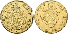 GENOVA
Dogi Biennali, 1528-1797. III Fase, 1637-1797.
48 Lire 1792.
Au gr. 12,54
Dr. REIP GENU - DUX ET GUB. Stemma coronato tra due grifi.
Rv. E...
