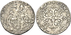 GENOVA
Dogi Biennali, 1528-1797. II Fase, 1541-1637.
Testone 1557.
Ag gr. 9,09
Dr. DVX ET GVB REIP GENV. Il Redentore, a d., benedice il Doge genu...