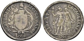GENOVA
Repubblica Ligure, 1798-1805.
Lira 1798.
Ag gr. 4,11
Dr. REPUBBLICA - LIGURE ANNO I. Stemma di Genova, su fascio sormontato da pileo, tra r...