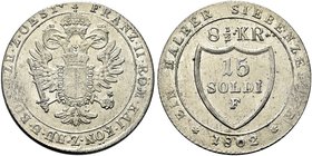 GORIZiA
Francesco I (II) d’Asburgo Lorena, Imperatore di Germania e Duca di Venezia, 1797-1805.
15 Soldi 1802 F, zecca di Hall.
Mi Gr.5,81
Dr. Aqu...