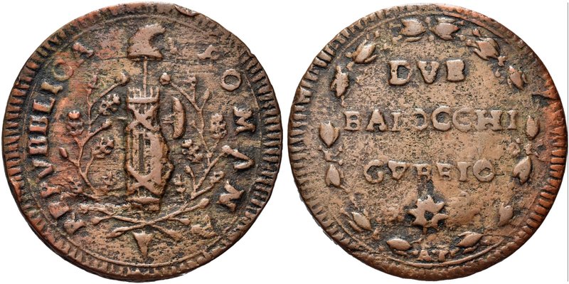 GUBBIO
Prima Repubblica Romana, 1798-1799.
2 Baiocchi.
Æ gr. 17,10
Dr. REPVB...