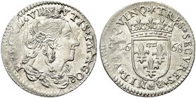 LUCCA
Repubblica, 1369-1799.
Luigino 1668.
Ag gr. 2,15
Dr. PVLCRA VIRTVTIS IMAGO. Busto muliebre drappeggiato a d.
Rv. TRES SECVRES BONITA VIS QV...