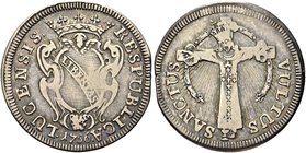LUCCA
Repubblica, 1369-1799.
Santa croce da 25 Bolognini 1756.
Ag gr. 8,79
Dr. RESPVBLICA - LVCENSIS. Scudo semiovale con banda su cui LIBERTAS; s...