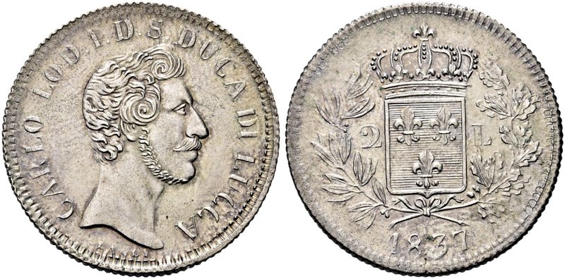 LUCCA
Carlo Ludovico di Borbone, 1824-1847.
2 Lire 1837.
Ag gr. 9,61
Dr. Tes...
