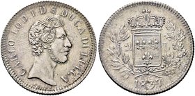 LUCCA
Carlo Ludovico di Borbone, 1824-1847.
2 Lire 1837.
Ag gr. 9,61
Dr. Testa nuda a d.
Rv. Stemma coronato tra rami di alloro e quercia.
Pag. ...