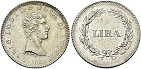 LUCCA
Carlo Ludovico di Borbone, 1824-1847.
Lira 1834.
Ag
Dr. Testa nuda a d.
Rv. Valore entro corona d’alloro.
Pag. 262; Gig. 2; Bel. 8.
Delic...