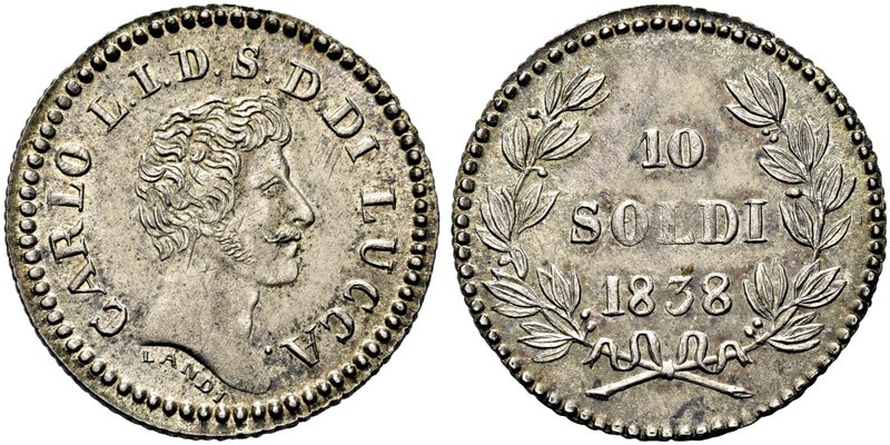 LUCCA
Carlo Ludovico di Borbone, 1824-1847.
10 Soldi 1838.
Ag gr. 2,34
Dr. T...