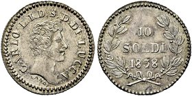 LUCCA
Carlo Ludovico di Borbone, 1824-1847.
10 Soldi 1838.
Ag gr. 2,34
Dr. Testa nuda a d.
Rv. Valore e data.
Pag. 266a; Gig. 6; Bel. 15.
Insig...