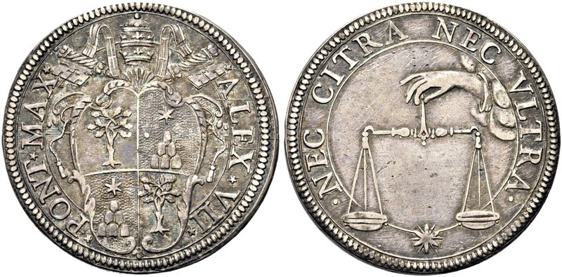 ROMA
Alessandro VII (Fabio Chigi), 1655-1667.
Testone.
Ag gr. 9,47
Dr. ALEX ...