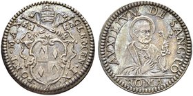 ROMA
Clemente IX (Giulio Rospigliosi), 1667-1669.
Grosso.
Ag gr. 1,53
Dr. CLEMEN IX - PONT MAX. Stemma a targa poligonale sormontato da triregno e...
