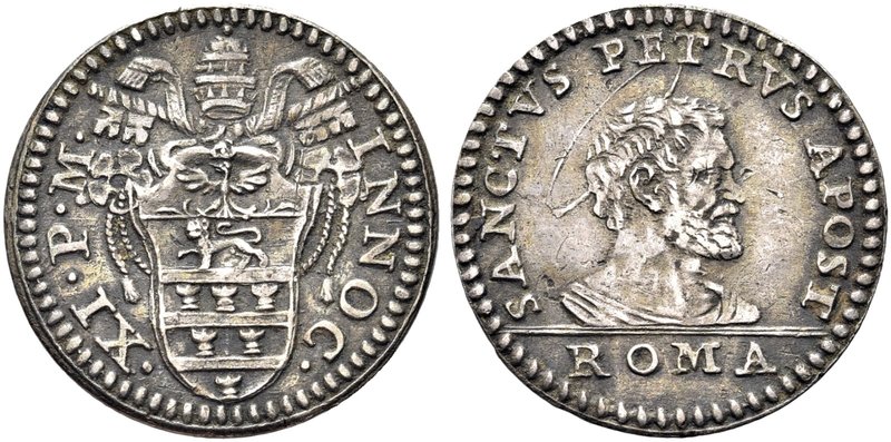 ROMA
Innocenzo XI (Benedetto Odescalchi), 1676-1689.
Grosso.
Ag gr. 1,48
Dr....
