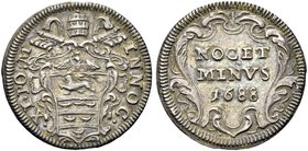 ROMA
Innocenzo XI (Benedetto Odescalchi), 1676-1689.
Grosso 1688.
Ag gr. 1,54
Dr. INNOC - XI P M. Stemma poligonale sormontato da triregno e chiav...