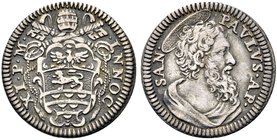 ROMA
Innocenzo XI (Benedetto Odescalchi), 1676-1689.
Mezzo Grosso.
Ag gr. 0,89
Dr. INNOC - XI P M. Stemma ovale sagomato sormontato da triregno e ...