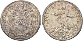 ROMA
Alessandro VIII (Pietro Ottoboni), 1689-1691.
Testone.
Ag gr. 9,12
Dr. ALEXANDER - VIII PONT MAX. Stemma sormontato da triregno e chiavi decu...