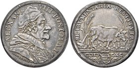 ROMA
Alessandro VIII (Pietro Ottoboni), 1689-1691.
Testone 1790 a. I.
Ag gr. 9,07
Dr. ALEXAN - VIII PONT M A I. Busto a d., con camauro mozzetta e...