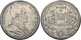 ROMA
Innocenzo XII (Antonio Pignatelli), 1691-1700.
Piastra 1696 a. VI.
Ag gr. 31,87
Dr. INNOCEN XII - PONT MAX ANN VI. Busto a d., con camauro e ...