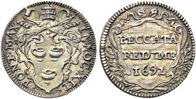 ROMA
Innocenzo XII (Antonio Pignatelli), 1691-1700.
Grosso 1692.
Ag gr. 1,30
Dr. INNOC XII - PONT MAX. Stemma sormontato da triregno e chiavi decu...