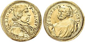 ROMA
Clemente XI (Gian Francesco Albani), 1700-1721.
Mezzo Scudo d’oro 1717 a. XVII.
Au gr. 1,67
Dr. CLEM XI - P M A XVII. Busto a d., con camauro...