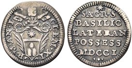 ROMA
Clemente XI (Gian Francesco Albani), 1700-1721.
Mezzo Grosso 1701 del possesso a. I.
Ag gr. 0,70
Dr. CLEM XI - P M AN I. Stemma sormontato da...