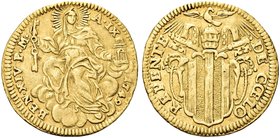 ROMA
Benedetto XIV (Prospero Lorenzo Lambertini), 1740-1758.
Mezzo Zecchino 1749 a. IX.
Au gr. 1,68
Dr. BEN XIV P M - A IX - 1749. La Chiesa stant...