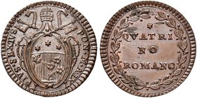 ROMA
Pio VI (Giannangelo Braschi), 1775-1799.
Quattrino 1784 a. IX.
Æ gr. 2,30
Dr. PIVS SEXTVS - PON M A IX. Stemma sormontato da triregno e chiav...