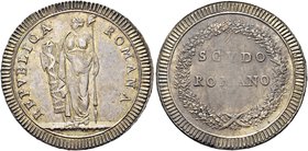 ROMA
Prima Repubblica Romana, 1798-1799.
Scudo s. data.
Ag gr. 26,38
Dr. REPVBBLICA - ROMANA. Libertà stante verso s., tiene fascio e picca sormon...